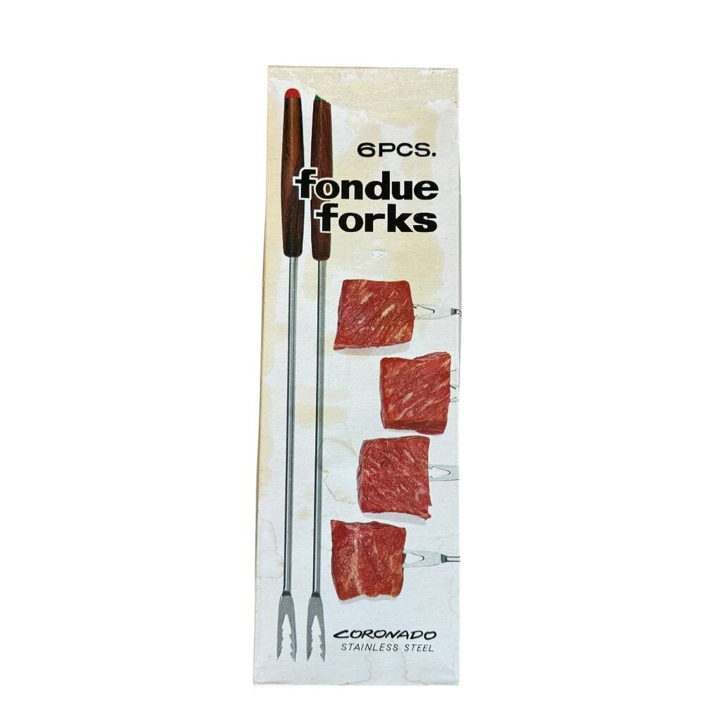 Vintage MCM Fondue Forks 6 Piece Set Stainless Steel Colored Ends Original Box
